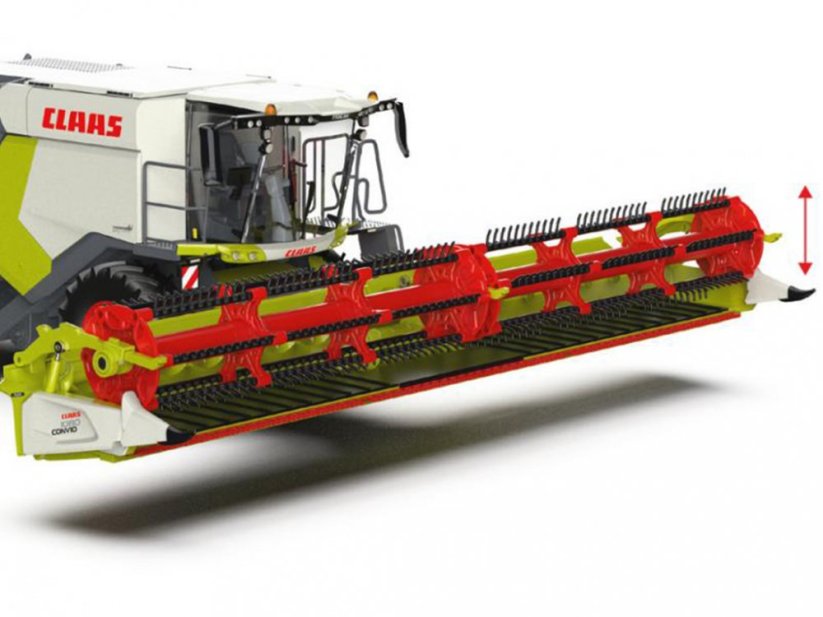 Claas Trion 720 od Wiking výškově polohovatelná sklízecí lišta Convio 1080 s pohyblivými přihrnovacími hráběmi