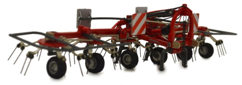 Model obraceče sena Massey Ferguson TD 676 DN MarGe 132 přední pohled na složený nahrabovač