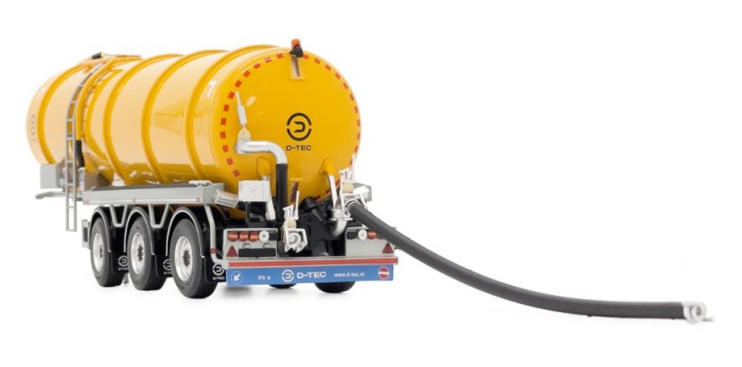 Model návěsu cisterny D Tec tank trailer žlutá MarGe 132 zadní pohled s imitací hadicového vedení