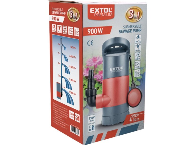 EXTOL PREMIUM čerpadlo na znečištěnou vodu 3v1, 900W, 13000l/h