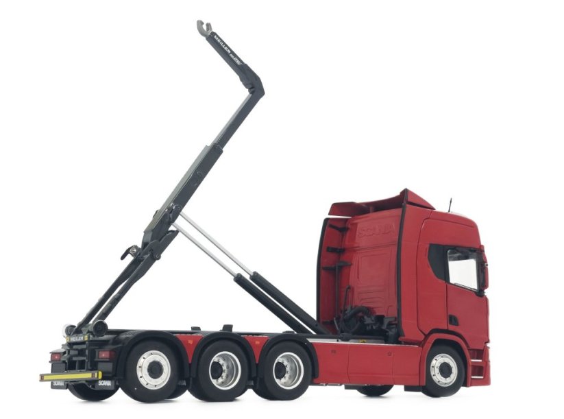 Model nosiče kontejnerů Scania R500 series Červený MarGe 132 vyklopený hák
